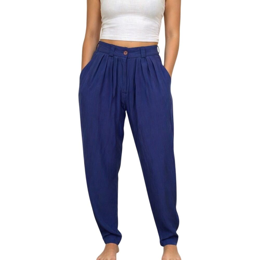 80s 100% Silk Double Pleated Balloon Trouser Pants Royal Blue Med Carrot VTG